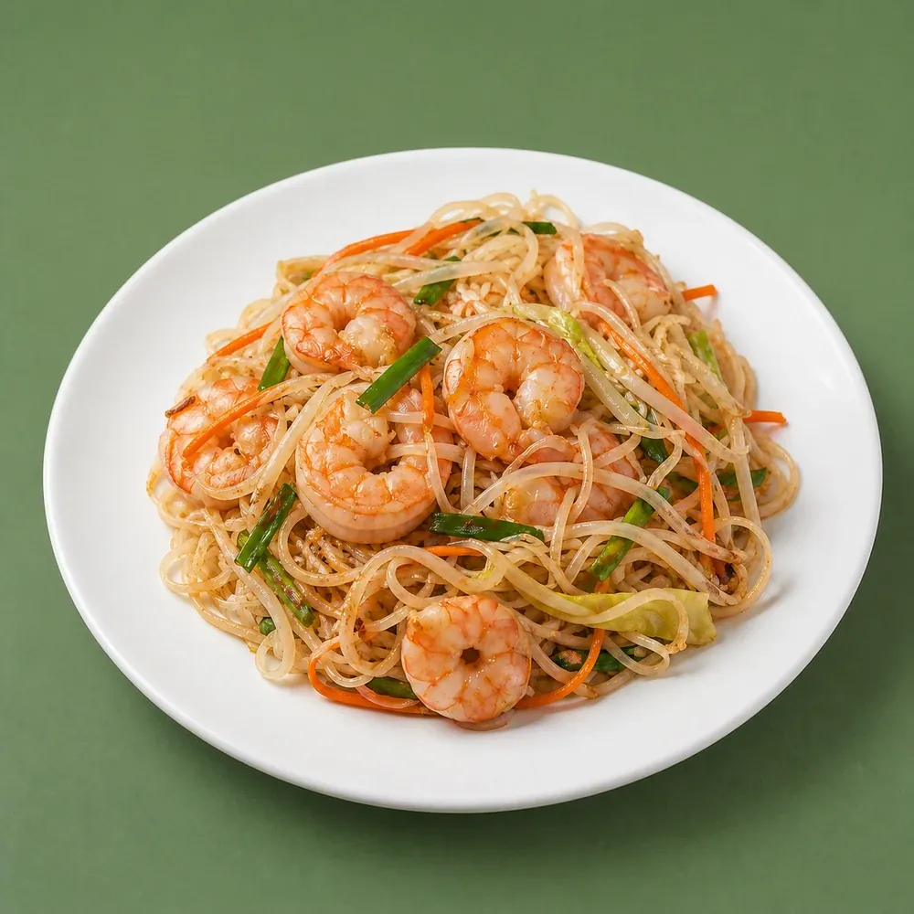 Spaghetti di riso saltato con gamberi